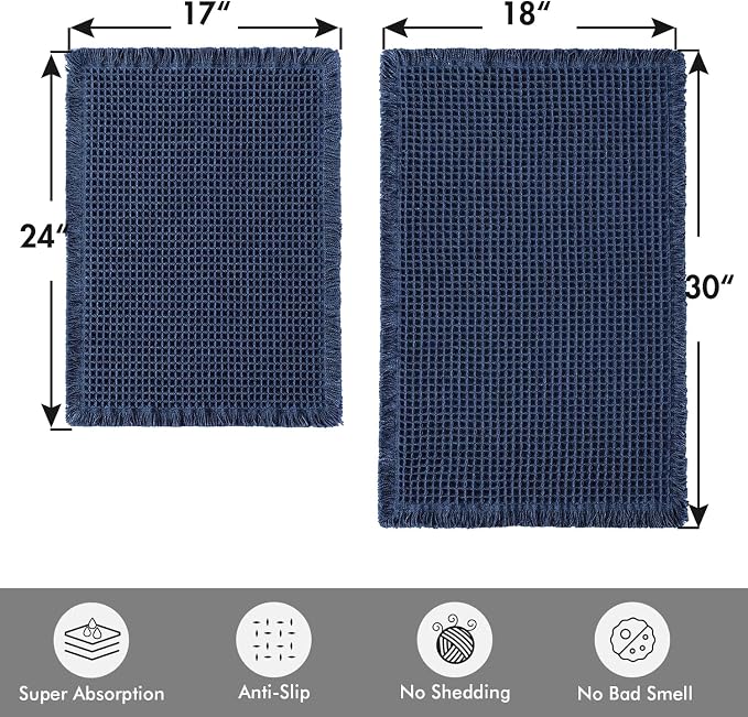 MIULEE Set of 2 Waffle Bathroom Rugs Navy Blue Bath Mat 17"x24"+18"x30" | Non Slip, Super Absorbent, Washable, Ultra Soft, Rubber Backed, Small Boho Bath Rugs for Bathroom Floor Tub Shower