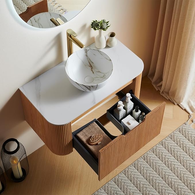 36" Bathroom Vanity with Sink, Plywood Cabinet, Nature Wood | Plywood Cabinet, Single Sink, Doubel Sink, Ceramic Basin & Marble Countertop, Pre-Assembled