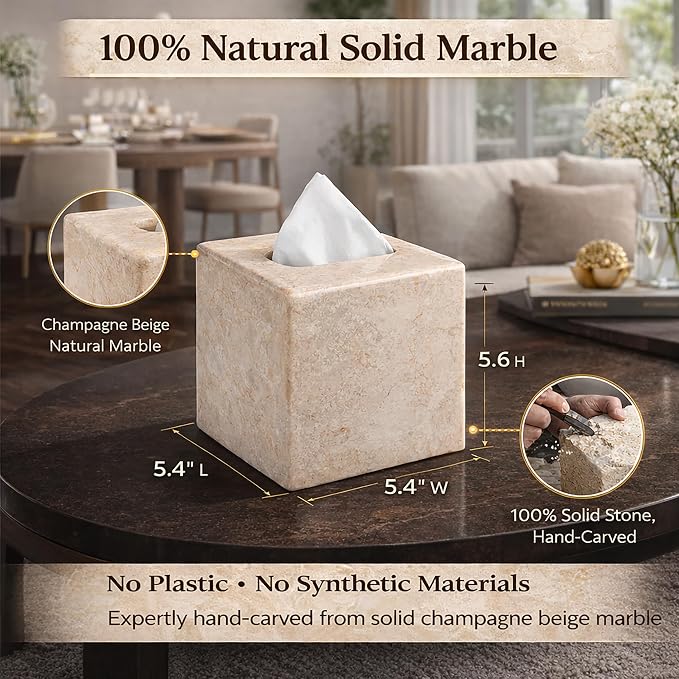 Creative Home Natural Marble Tissue Box Cover, Square Beige Tissue Holder