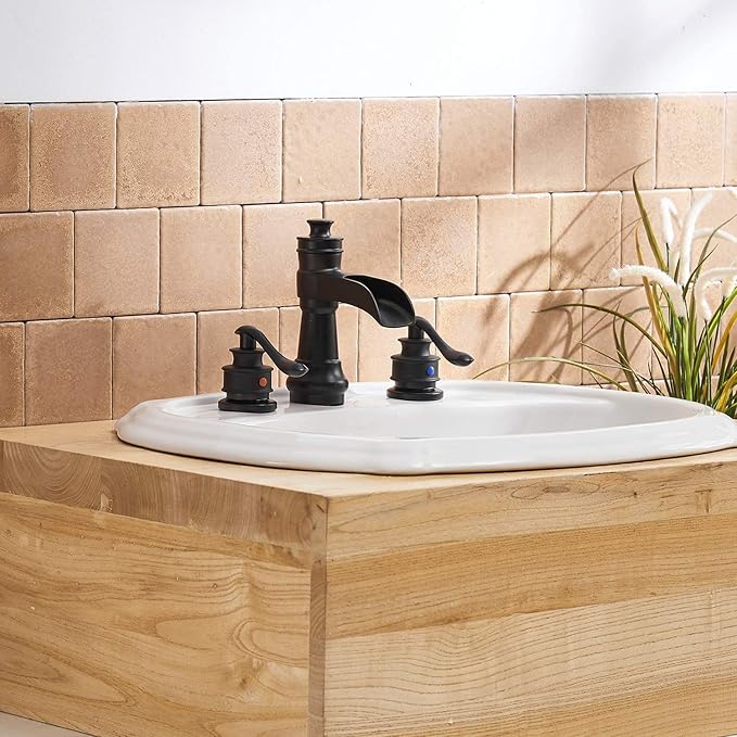 3 Hole 8 Inch Widespread Bathroom Sink Faucet Black Two Handles | Waterfall Spout,Lead-free,With Pop Up Drain and Supply Lines, Classic Farmhouse Retro, Stain Resistant Coating