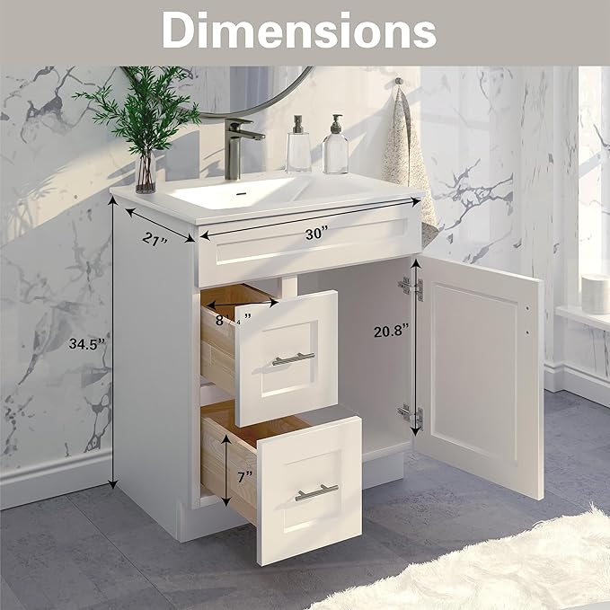 30" Shaker Bathroom Vanity Sink Base with Drawers (Ready-to-Assemble) (Vanity Base in White Shaker)