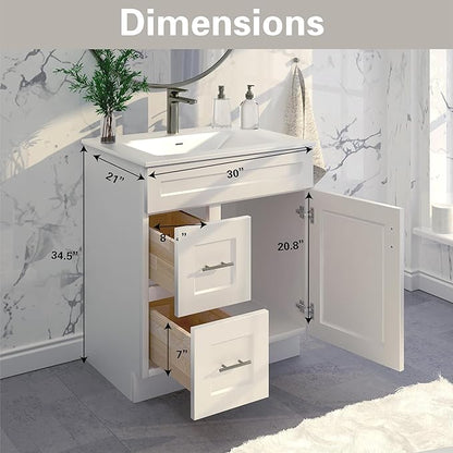 30" Shaker Bathroom Vanity Sink Base with Drawers (Ready-to-Assemble) (Vanity Base in White Shaker)