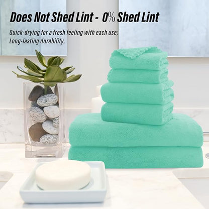 MOONQUEEN Ultra Soft Microfiber Coral Velvet Towel Set - Quick Drying, 2 Bath Towels, 2 Hand Towels, 2 Washcloths - Aqua Green, 6 Pcs