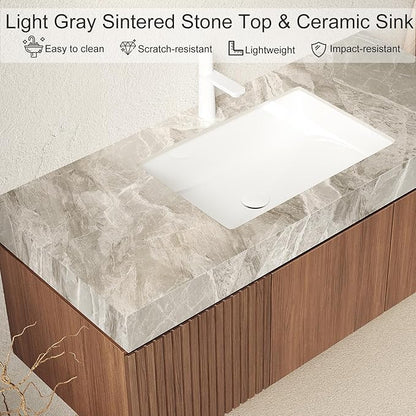 Ambrovina 30" Floating Bathroom Vanity with Sink, Modern Plywood Bathroom Storage Cabinet with Drawer and Door, Light Gray Sintered Stone Countertop and White Ceramic Basin, Pre-Assembled, Dark Oak