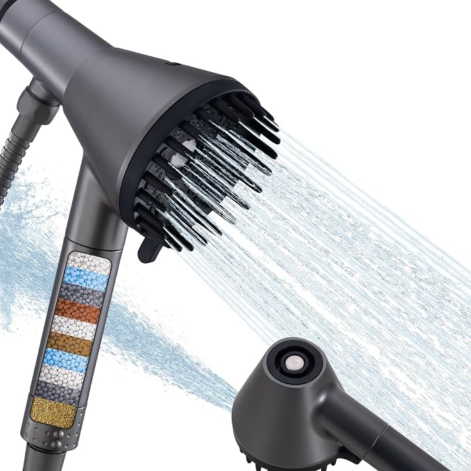 2026 Magnetic Filtered Shower Head with Handheld– High Pressure Showerhead with Power Wash Mode, Chlorine Removal, Massage Brush, Pressure Adjustable, One-Touch Pause (Gray)