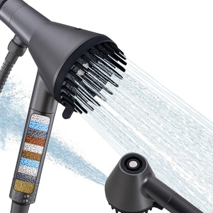 2026 Magnetic Filtered Shower Head with Handheld– High Pressure Showerhead with Power Wash Mode, Chlorine Removal, Massage Brush, Pressure Adjustable, One-Touch Pause (Gray)