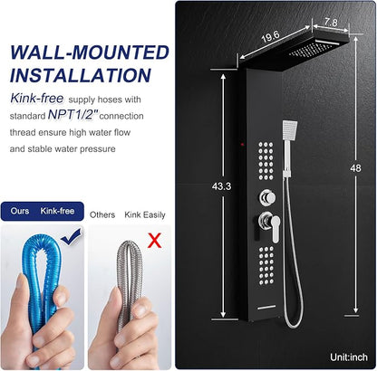 ROVATE 5 in 1 LED Rainfall Waterfall Shower Panel Tower System, Black | High Pressure Stainless Steel Shower Column with Tub Spout, Powerful Body Jets, Flexible Handheld, Brass Mixing Valve Body
