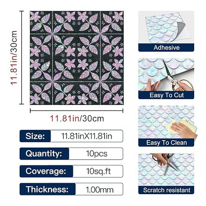 Purple Sparkle Floral Peel and Stick Floor Tiles 12x12 Inch 10PCS | Purple Printed Sparkle Floral self adhesive PVC vinyl tiles for kitchen bathroom entryway and indoor home decor