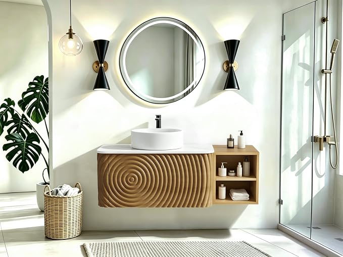 42" Floating Bathroom Vanity with Sink, Mid-Century Wall Mounted Bathroom Vanity Cabinet with Wood Waved Decor,Ceramic Vessel Basin and Sintered Stone Top, Soft Close Drawer, Side Open Cube