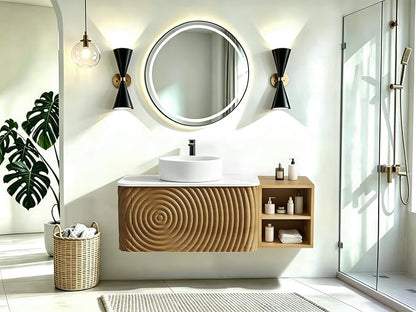42" Floating Bathroom Vanity with Sink, Mid-Century Wall Mounted Bathroom Vanity Cabinet with Wood Waved Decor,Ceramic Vessel Basin and Sintered Stone Top, Soft Close Drawer, Side Open Cube