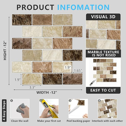 URCOLOR 10-Sheet Peel and Stick Backsplash Subway Tile for Kitchen,12"x12" Self Adhesive Wall Tiles Sticker on Back Splashes for Bathroom Brown Marble Design