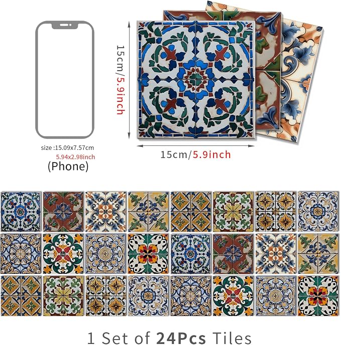 24Pcs Back Splash Peel-Stick,Waterproof 6x6 Tiles Decal | 1.6mm-Thick FOAM+PE Tile Stickers,Stick on Tiles for Kitchen Wall,Bathroom,Cabinets