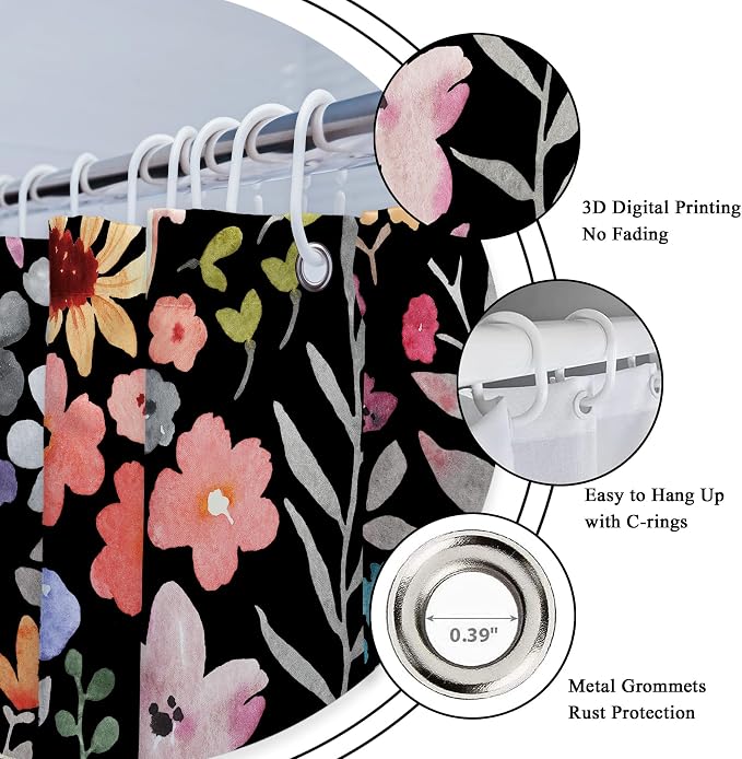 Extra Long Black Floral Watercolor Cute Plants Bathroom Shower Curtain Set | 72"W x 84"H Girly Boho; waterproof HD print, quick-dry fabric with 12 hooks for easy hanging.