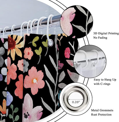 Extra Long Black Floral Watercolor Cute Plants Bathroom Shower Curtain Set | 72"W x 84"H Girly Boho; waterproof HD print, quick-dry fabric with 12 hooks for easy hanging.