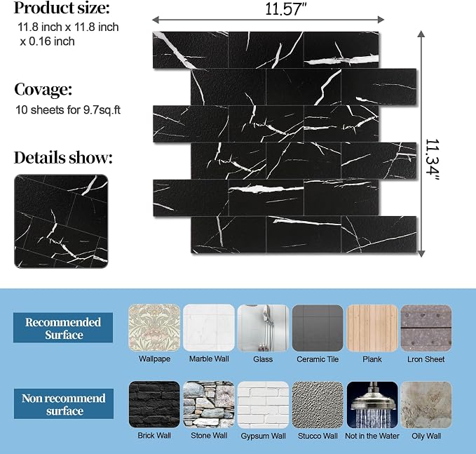 2026 New Upgrade Peel and Stick Backsplash Tile, Peel and Stick 11.34" X 11.57" Wall Tile for Kitchen, Bathroom, Fireplace, Laundry (Black Rocks, 5 Packs)