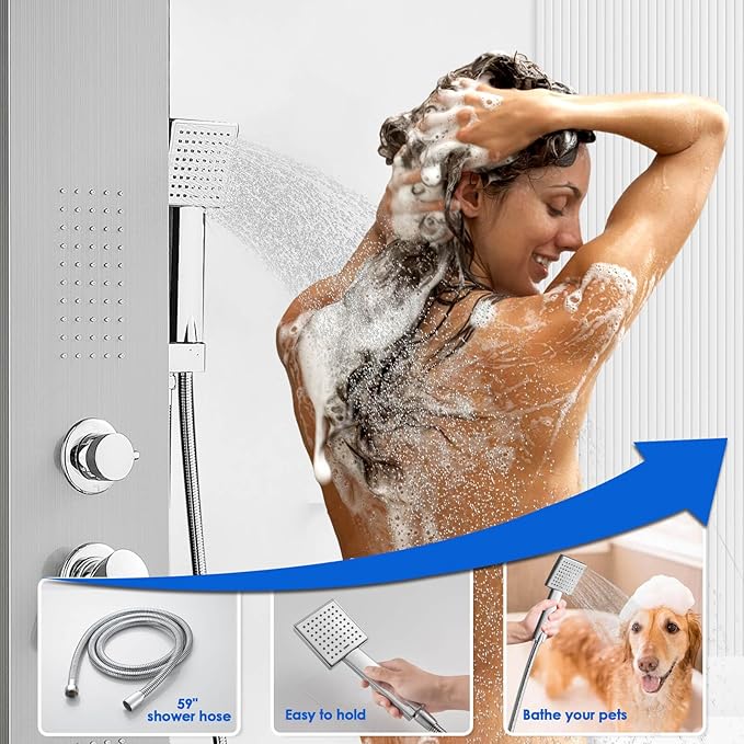 ROVOGO Shower Panel Tower System cUPC Certified, High Pressure Rainfall Shower, Body Jets, Handheld and Tub Spout, 46.5 in. Shower Column Stainless Steel, Brushed