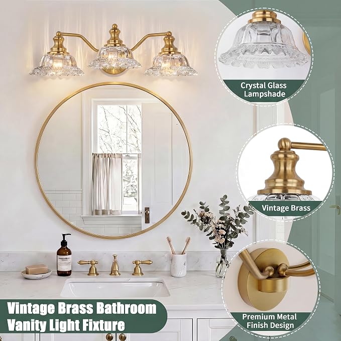 Brass Bathroom Light Fixtures Over Mirror, 3 Light Vintage Bathroom Vanity Light Fixture with Clear Flower Glass Shades, Retro Gold Wall Sconce E26 Vanity Lights for Bathroom Living Room