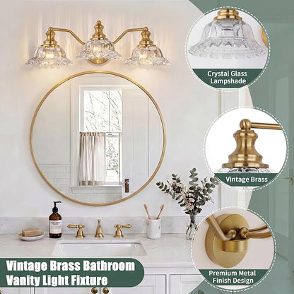 Brass Bathroom Light Fixtures Over Mirror, 3 Light Vintage Bathroom Vanity Light Fixture with Clear Flower Glass Shades, Retro Gold Wall Sconce E26 Vanity Lights for Bathroom Living Room