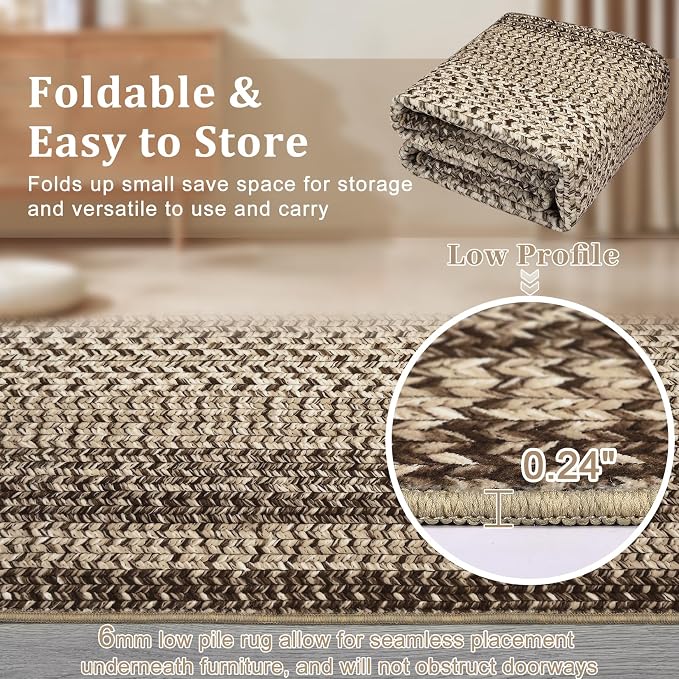 Imitation Braided Collection-Print Large Washable Rug 9x12 Non-Slip Rugs for Living Room, Natural Bordered Carpet, Stain Resistant Thin Foldable Floor Cover Bedroom for Nursery Dining Room