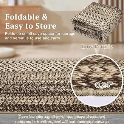 Imitation Braided Collection-Print Large Washable Rug 9x12 Non-Slip Rugs for Living Room, Natural Bordered Carpet, Stain Resistant Thin Foldable Floor Cover Bedroom for Nursery Dining Room