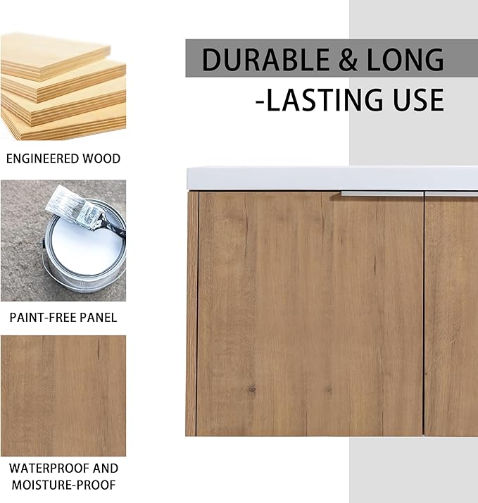Henf 84" Floating Double Sink Bathroom Vanity Brown Wall Mount Bathroom Vanity Cabinet with Sink Combo, 84-Inch Bathroom Vanities Set with Open Storage Shelf & Side Cabinet & 2 36in Bathroom Vanities