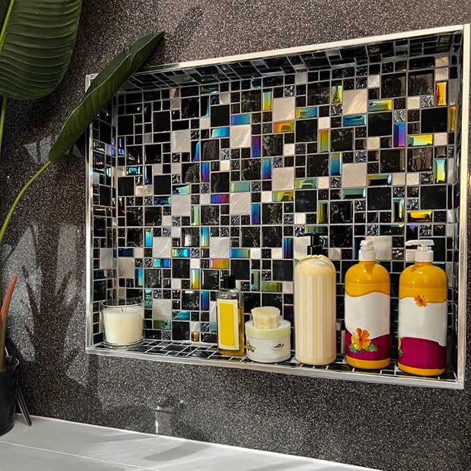 Wall Backsplash Tile Black Glass Silver Metal Iridescent Vibrant Colors for Home Project Kitchen Bathroom Shower Accents Walls Decoration TSTMGB026 (5 Square Feet)