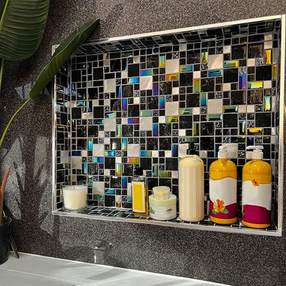 Wall Backsplash Tile Black Glass Silver Metal Iridescent Vibrant Colors for Home Project Kitchen Bathroom Shower Accents Walls Decoration TSTMGB026 (5 Square Feet)