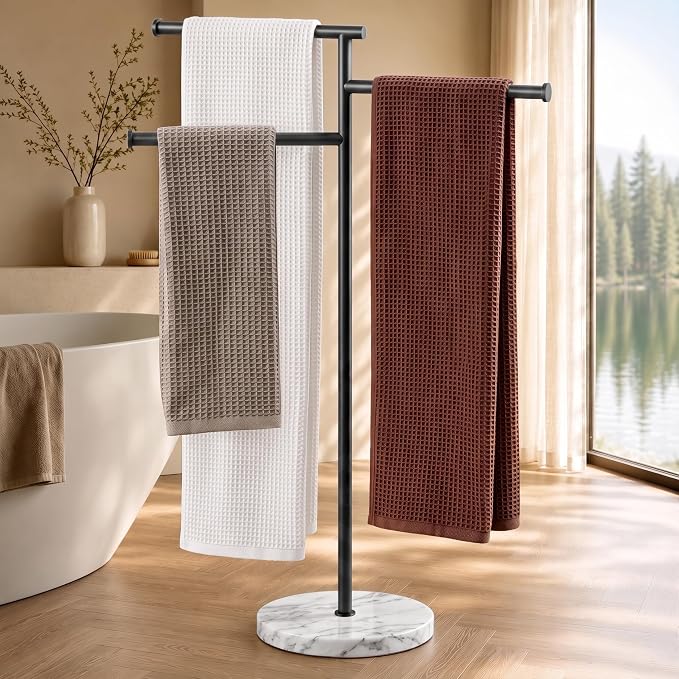 KES 40" Black Standing Towel Rack for Bathroom with Weighted Marble Base | Free Standing Pool Towel Rack Outdoor, 3 Swivel Bars, Premium 18/8 Stainless Steel, BTH219-BK