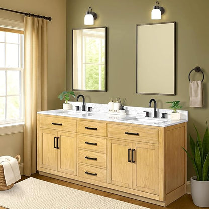 72-inch Natural Oak Bathroom Vanity with 2 Sinks, Solid Wood, 0.79-inch Stone Countertop and Backsplash, 6 Drawers, 4 Soft Closing Doors