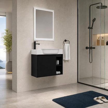 28" Wall Mounted Bathroom Vanity with Sink, Small Vanity, Black | Integrated Ceramic Sink, Soft-Close Door & 2 Open Storage Shelves, Small Bath Vanity Set, Easy to Clean
