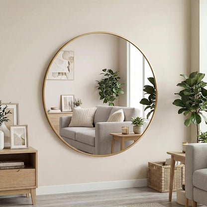 OLIXIS 28 Inch Gold Round Bathroom Wall Mirror, Mirrors for Over Sink | Circle Mirror with Tempered Glass for Home Decor, Entryway, Bedroom, Vanity, Shatterproof& Crystal-Clear