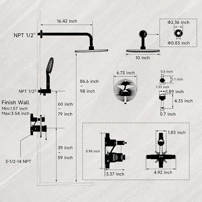 Brushed Nickel Shower Faucet Set with Valve 10 Inches Rainfall Shower Head Combo Set, Wall Mount Shower Fixtures Shower Head System with 6 Function Handheld
