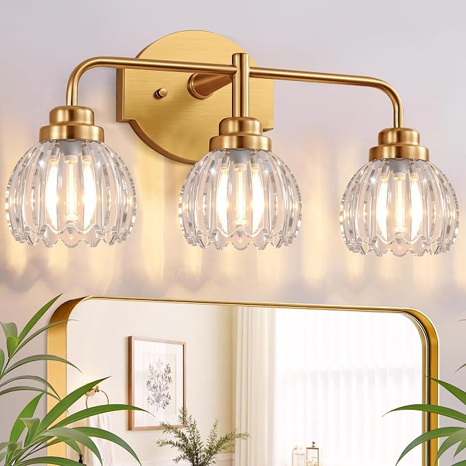 Vintage Bathroom Vanity Light, 3 Light Brushed Gold Fixture Over Mirror | Vintage Vanity Light, Brushed Gold Metal & Crystal Glass Shade, 3 Light Fixture Over Mirror for Bathroom Bedroom