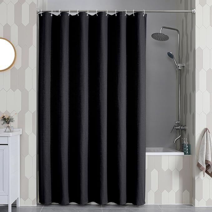 Extra Long Shower Curtain Set- 96 Inch Long Waffle Weave Heavy Duty Fabric Shower Curtains for Bathroom, Luxury Heavy Duty Thick Cloth Shower Curtain with 12 Plastic Hooks, 72x96, Black