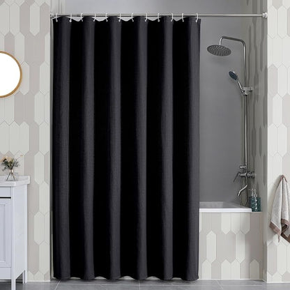 Long Fabric Shower Curtain Set, Waffle Textured Shower Curtain for Bathroom - Weight 230GSM Heavy Duty Hotel Spa Luxury Bath Curtain Set with 12 Plastic Hooks, 72x78, Black