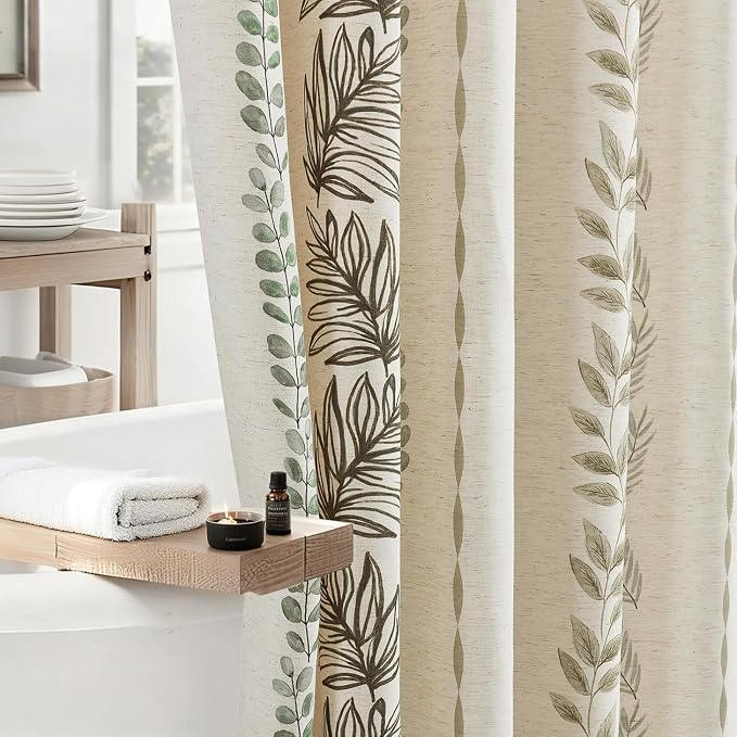 ORTIGIA Linen Striped Shower Curtain 72x84 Inch Extra Long with Metal Hooks,Sage Green Leaf Botanical Waterproof Natural Linen Bath Curtain for Rustic Farmhouse Bathroom Decor