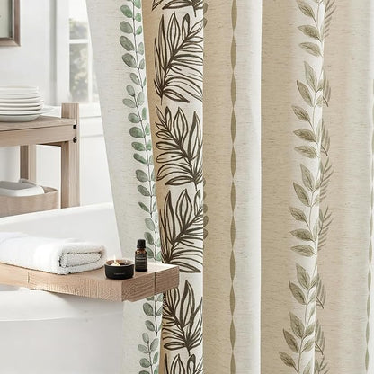 ORTIGIA Linen Striped Shower Curtain 72x84 Inch Extra Long with Metal Hooks,Sage Green Leaf Botanical Waterproof Natural Linen Bath Curtain for Rustic Farmhouse Bathroom Decor
