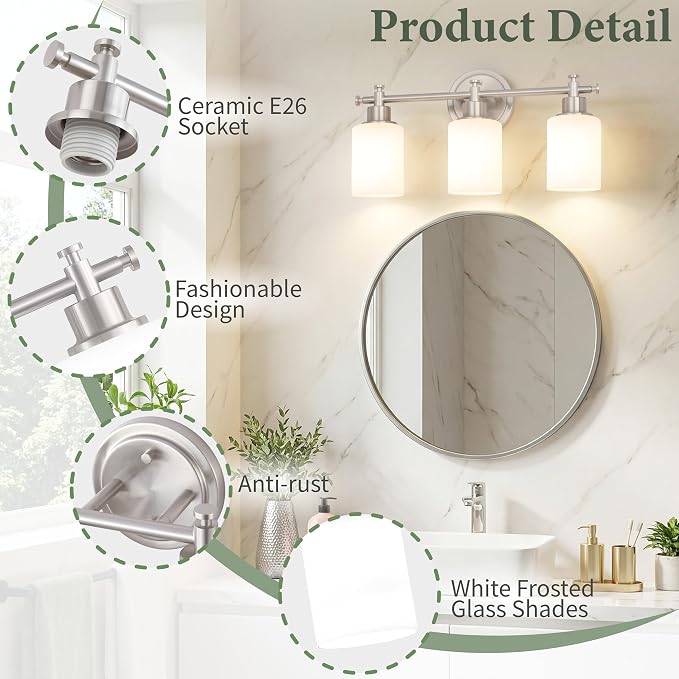 Brushed Nickel Bathroom Vanity Light, 3 Light Modern Wall Sconces, 17.5Inch | Anti-Rust Vanity Light Over Mirror, Vanity Light Fixture with White Frosted Glass Shades for Bathroom, Bedroom, E26 Socket