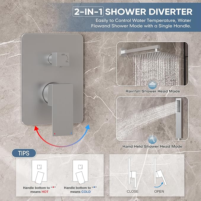 Brushed Nickel Shower Faucet Set with 12-Inch Rain Shower Head | Shower System with Rain Shower Head and Handheld, Wall Mounted High-Pressure Shower Head Combo Set with Shower Valve and Trim