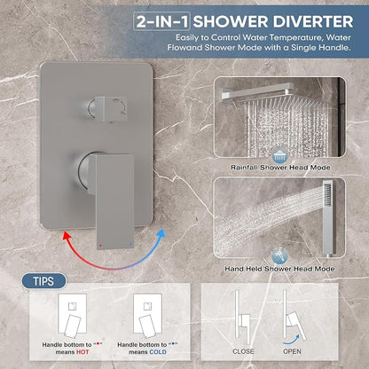 Brushed Nickel Shower Faucet Set with 12-Inch Rain Shower Head | Shower System with Rain Shower Head and Handheld, Wall Mounted High-Pressure Shower Head Combo Set with Shower Valve and Trim