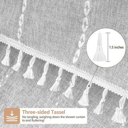 Seenus 72 x 84 inch Extra Long Boho Chic Shower Curtain Heavyweight with Tassels, Grey Linen Textured Fabric Farmhouse Shower Curtain, Elegant Gray & White Striped Bathroom Curtain Water Repellent