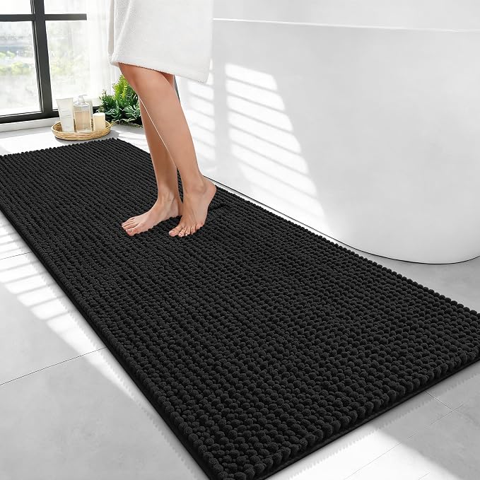 OLANLY Thick Chenille Bathroom Runner Rugs 47x24, Absorbent Bath Mat, Black | Soft Bath Rugs, Rubber Backing, Machine Wash Dry, Bath Mats for Bathroom, Tub and Shower, Home Decor Accessories