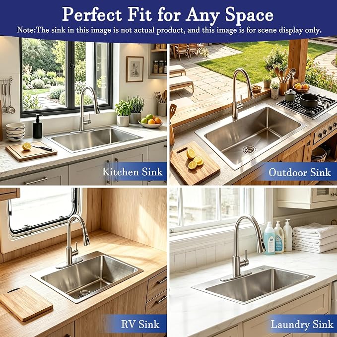 VAPSINT 22x18 Inch Drop In Kitchen Sink, 22 Inch 16 Gauge T304 Stainless Steel Topmount Small Kitchen Bar Sink, Handmade Single Bowl Outdoor RV Laundry Utility Prep Sink with Basket Strainer