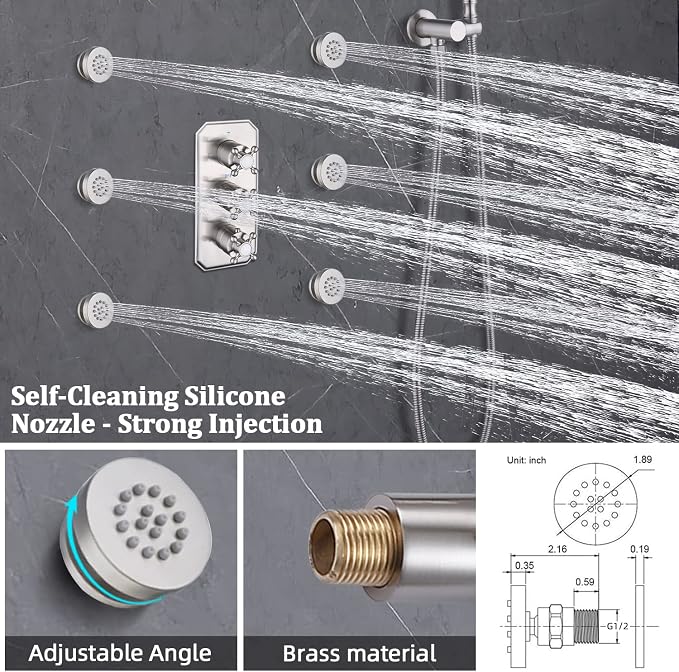 All Metal Thermostatic Shower System Backnets Wall Mounted Antique Shower Faucet Set with Body Jets and Handheld, Bathroom Mixer Shower Set Wall Mounted Rough-in Valve and Trim Kit Brushed Nickel