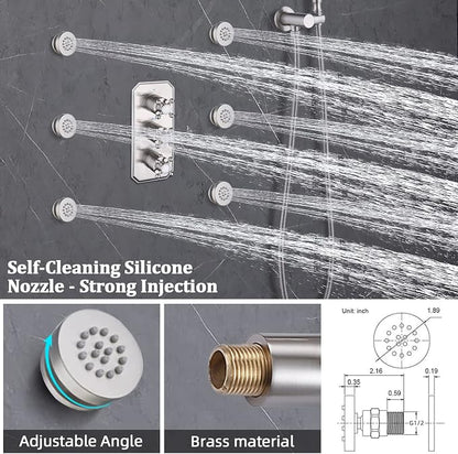 All Metal Thermostatic Shower System Backnets Wall Mounted Antique Shower Faucet Set with Body Jets and Handheld, Bathroom Mixer Shower Set Wall Mounted Rough-in Valve and Trim Kit Brushed Nickel