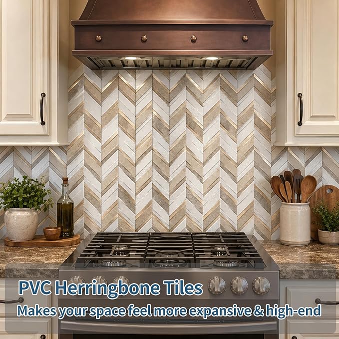 Yipscazo 10-Sheet Herringbone Backsplash Peel and Stick Tile, Beige Mixed Gray Stone Mixed Metal Gold PVC Stick on Backsplash for Kitchen, Waterproof Self Adhesive Wall Tiles for Bathroom
