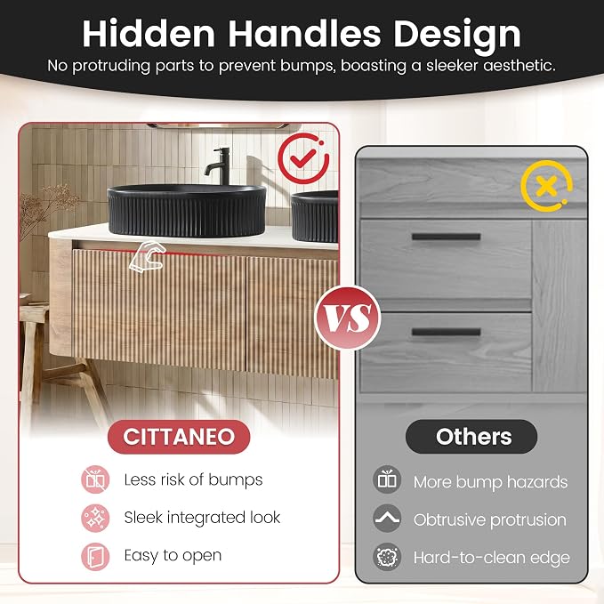 60" Floating Bathroom Vanity with Double Black Sink, Honey Oak | Pre-Assembled Fluted Wall Mounted Double Sink Vanity with Sintered Stone Countertop, Soft-Close Drawers & Towel Rack
