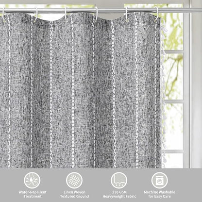 Boho Tassel Linen Shower Curtain,3D Embroidery Stripe Charcoal Grey,72x96 | Extra Long Xl,310GSM Texture Heavy Duty Cloth,Water Repellent,Wrinkle Resistant,Vintage Farmhouse Rustic,12 Plastic Hooks