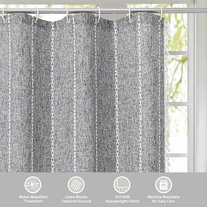 Boho Tassel Linen Shower Curtain,3D Embroidery Stripe Charcoal Grey,72x78 | Long Tall,310GSM Linen Texture Heavy Duty Cloth,Water Repellent,Wrinkle Resistant,Vintage Farmhouse Rustic,12 Plastic Hooks