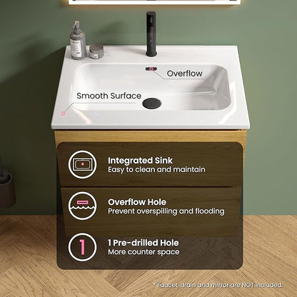 24" Bathroom Vanity with Sink, Modern Floating Vanity with Double Soft Closing Drawers, Large Storage for Small Space, Natural Oak, Fully Assembled - Iris Collection